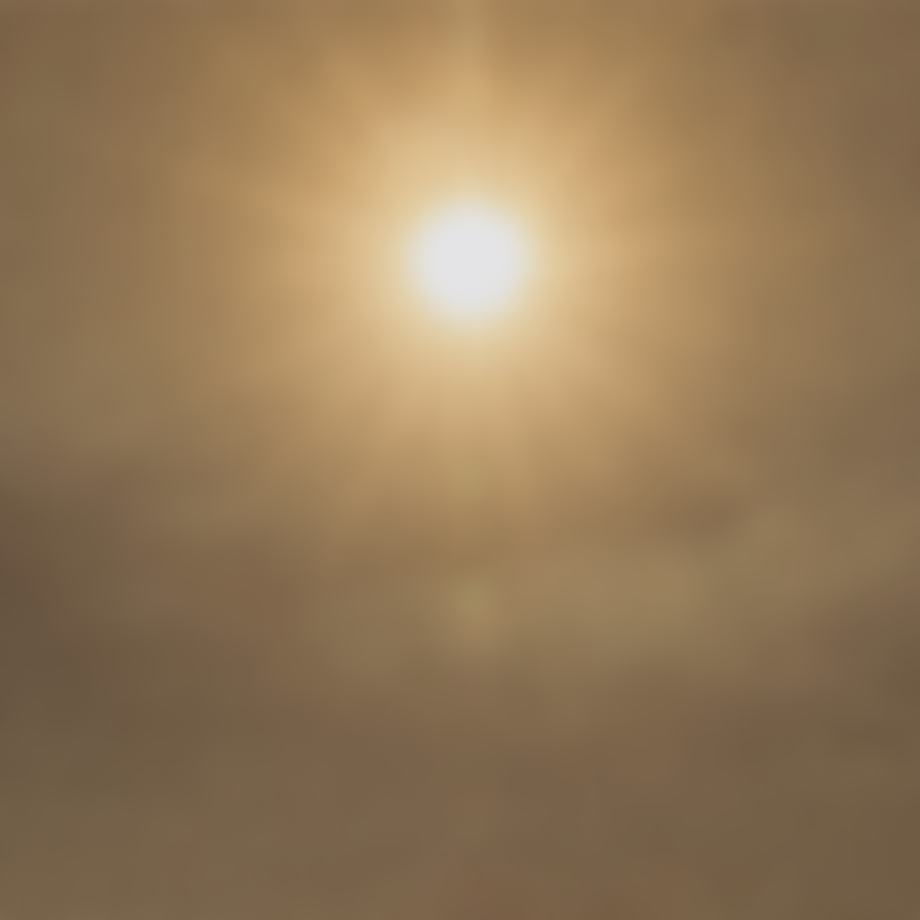 Sun shining brightly in a hazy, sepia-toned sky with a prominent glare and a few faint lens flares.