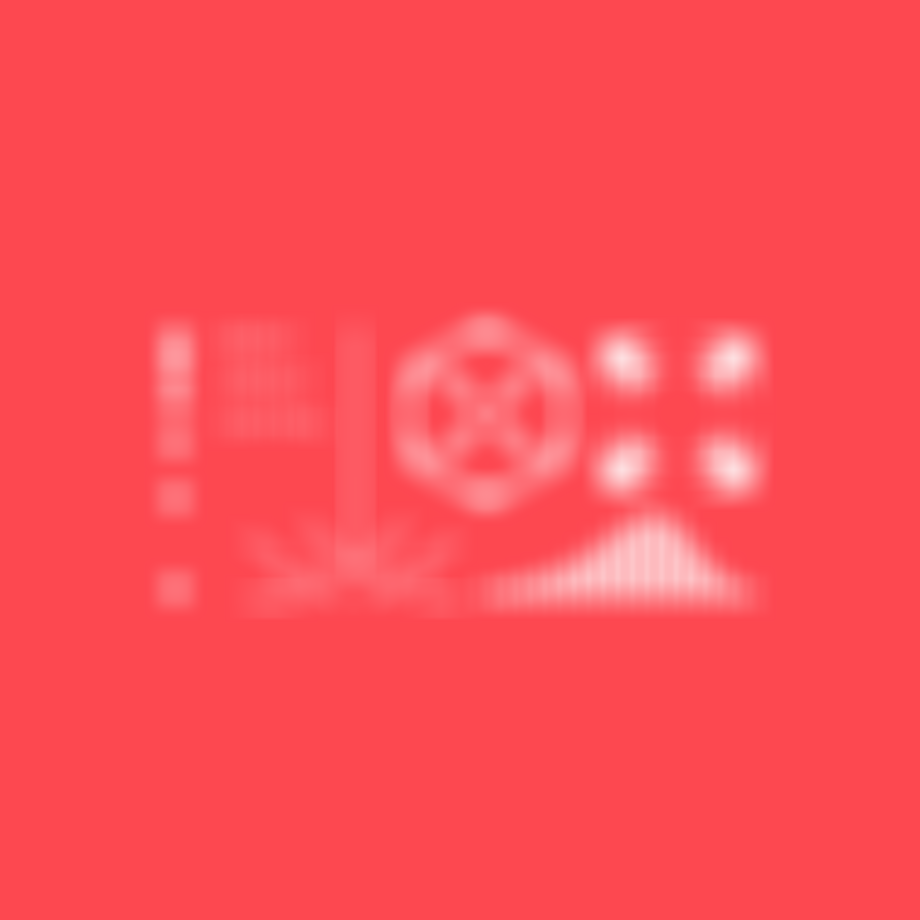 Abstract design on red background featuring the words "Heavy Impact Control," geometric shapes, an arrow, and a bar graph.