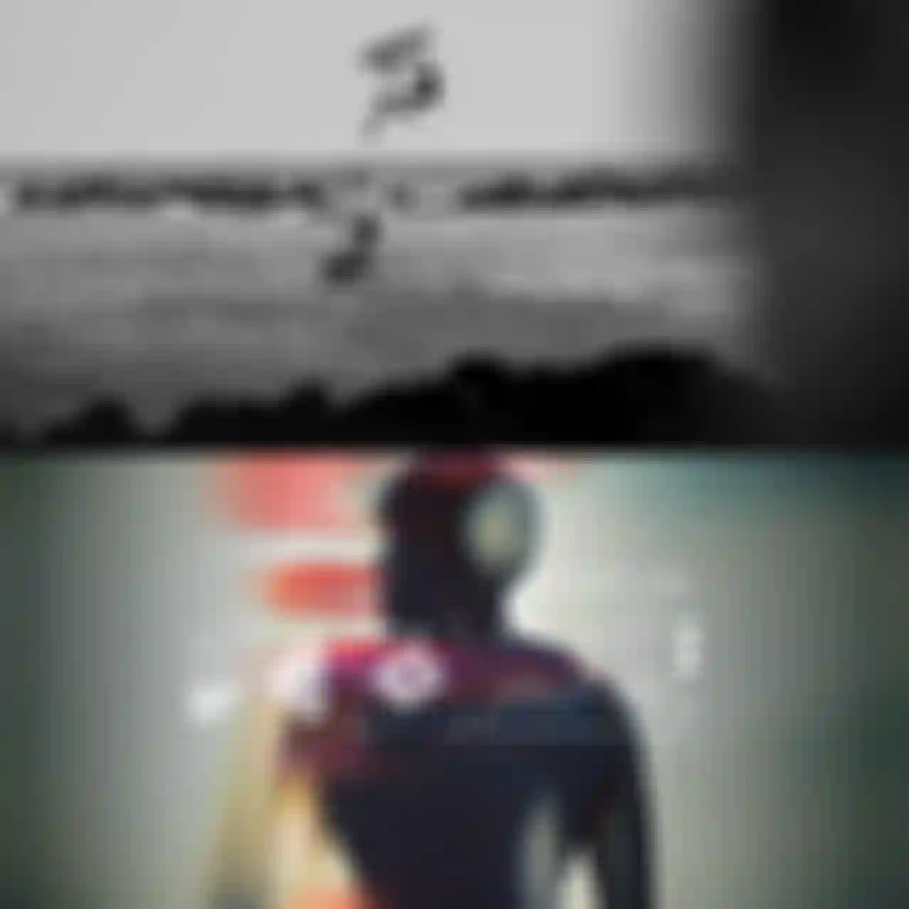 Split image: Top - Two persons wing foiling. Bottom - digital graphic of a helmeted figure with overlaying futuristic data.