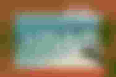 Retro postcard with a pixel-stamp window showing a turquoise beach, white pixel "XMAS" and wave icon, palm fronds over a red-tinted background.