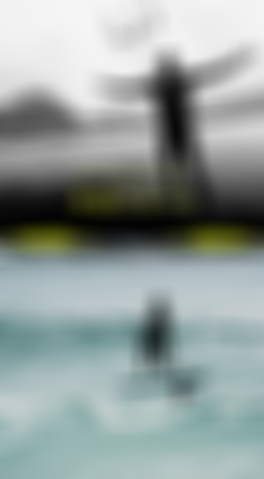 Kitesurfer with arms outstretched on rocky shore and foil surfer riding ocean waves, Fall/Winter 2027 campaign with neon yellow graphics