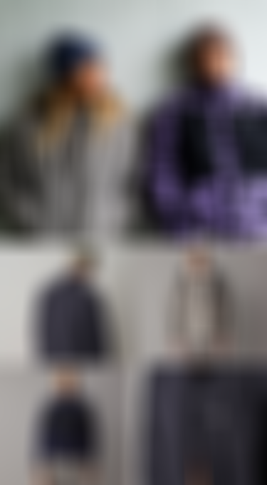 Collage of people wearing various jackets. Includes a gray jacket, patterned purple jacket, and quilted coats. Some wear beanies and caps.