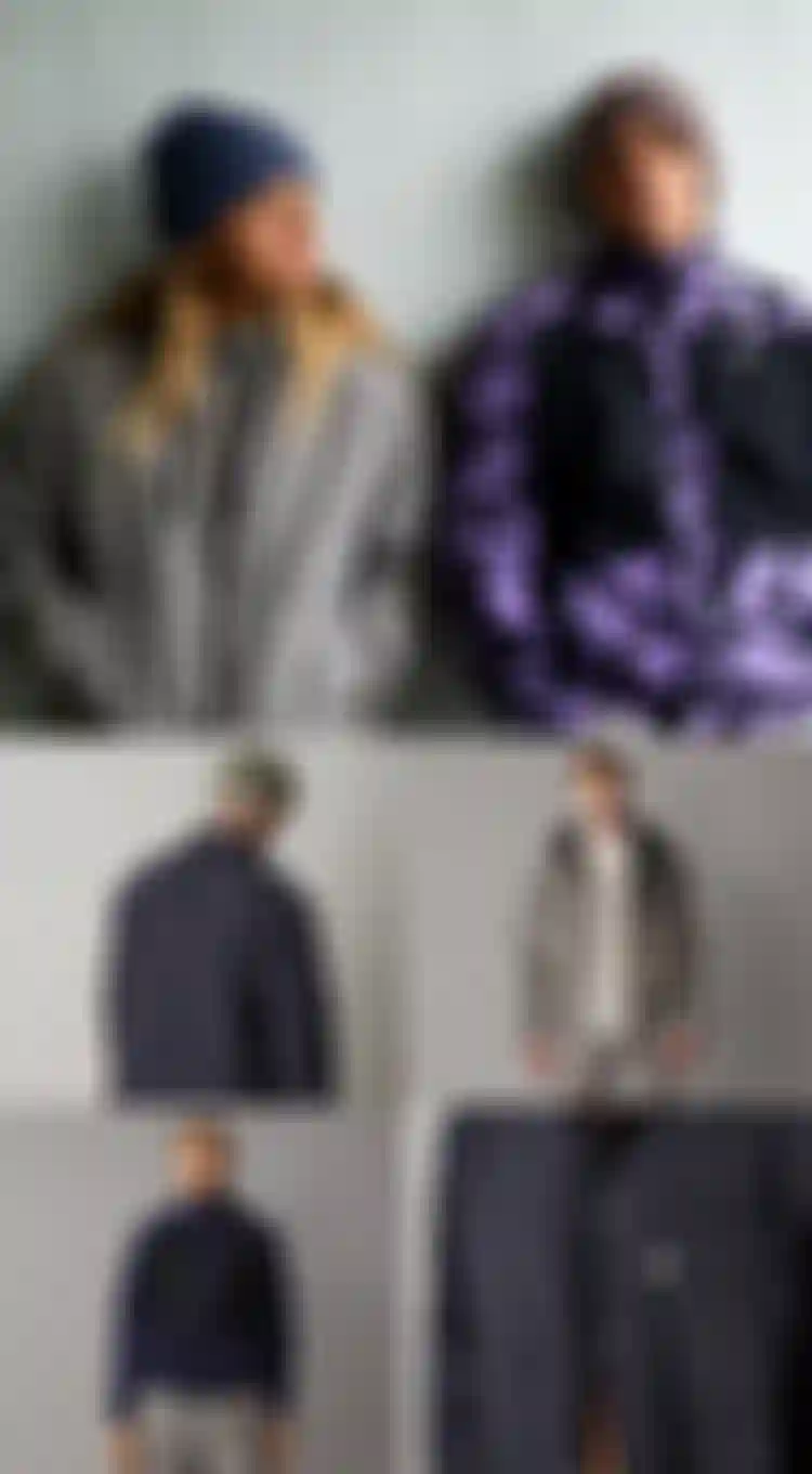 Collage of people wearing various jackets. Includes a gray jacket, patterned purple jacket, and quilted coats. Some wear beanies and caps.