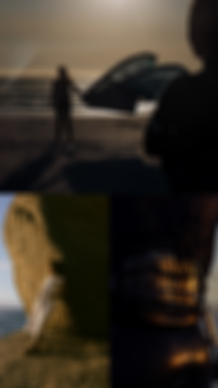 Silhouettes of kite surfers on a beach, a woman in a white surf poncho by a rock, and a close-up of a wetsuit with harness.