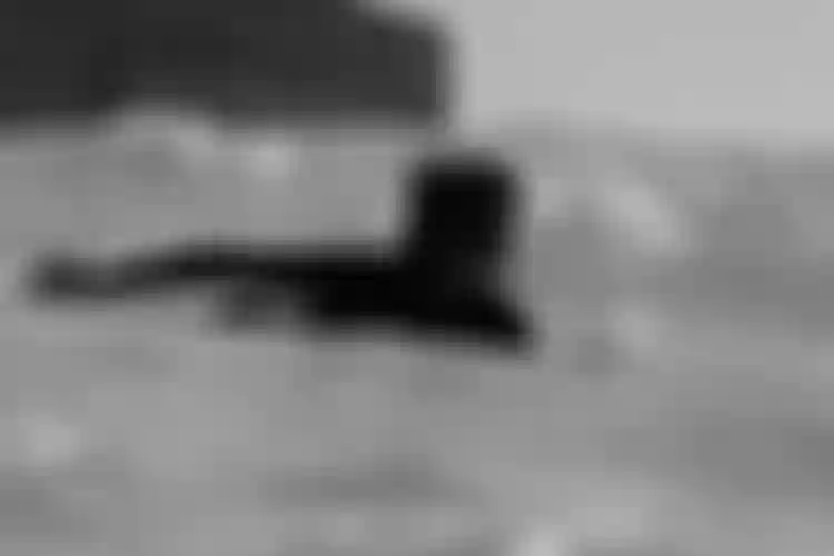 Black and white photo of a surfer in a wetsuit paddling on a surfboard in the ocean with a rocky cliff in the background.