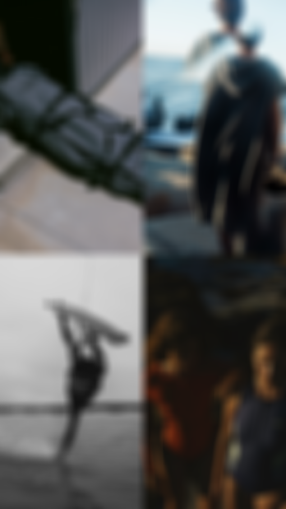 Four-image collage: Surfboard bag near storage, person overlooking rocky coast, kite surfer mid-air, two people in wetsuits by the shore.