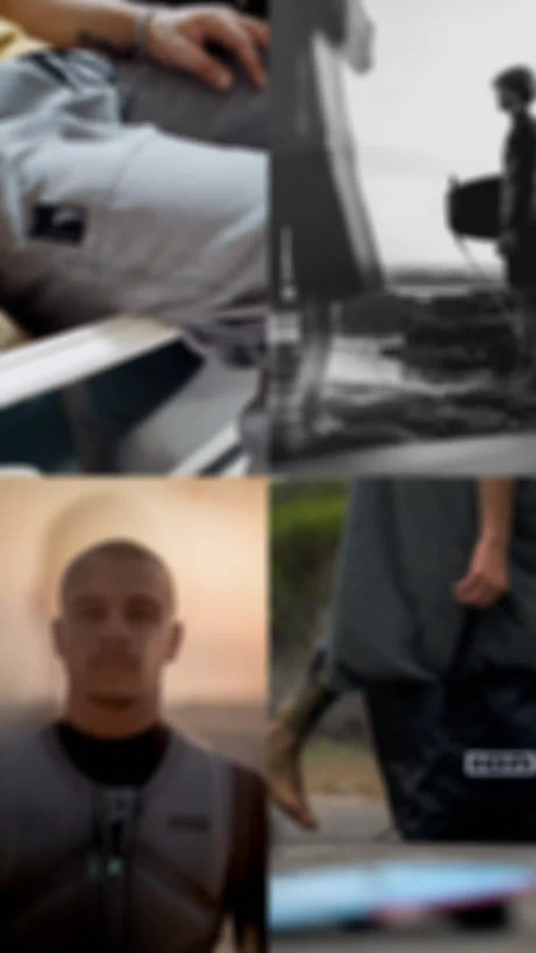 Split image: Person in gray pants; wing foiler on rocky shore; man in wetsuit at sunset; hand holding ION bag by sandy feet.