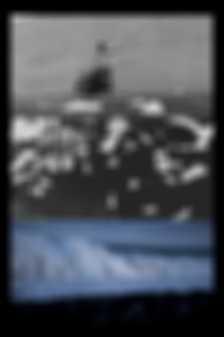 Black and white collage: photographers on rocky shore, floating ice pieces, and crashing ocean waves.