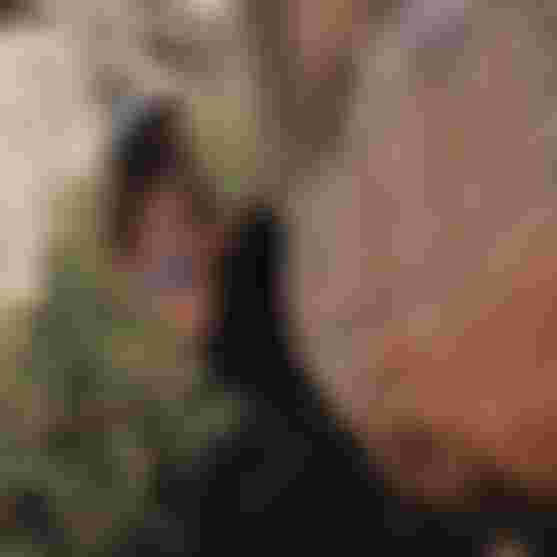 Climber in a hat and purple sports bra bouldering on a steep orange rock face above scrubby bushes.