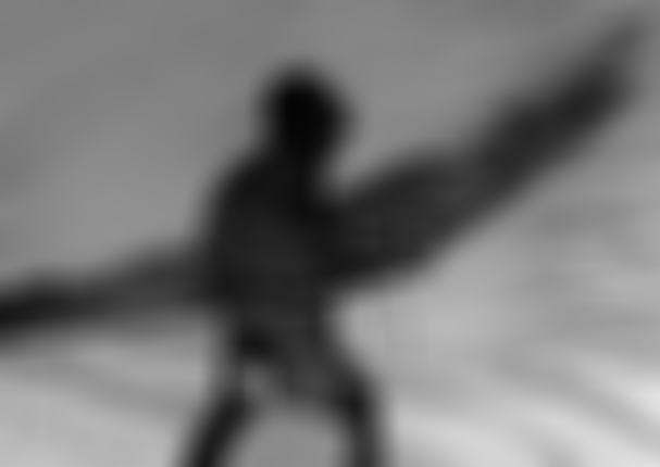 A black and white image of a person wearing a helmet, holding a wing, with abstract water-like patterns overlaying the background.