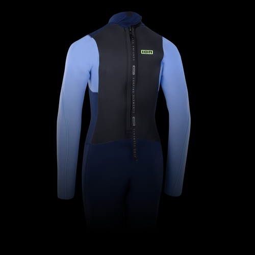 Blue and black full-body wetsuit with a front zipper, displayed on a black background.