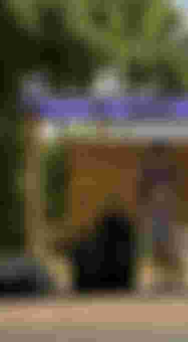 A person stands at a bus stop with several pieces of luggage, including suitcases and a large black bag, surrounded by trees and a house.