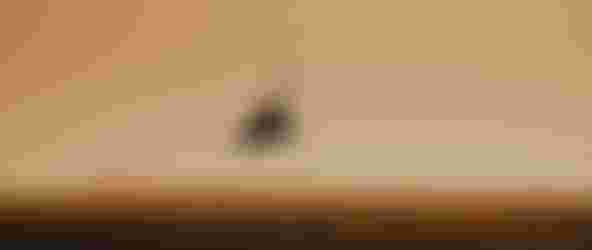 Silhouetted kitesurfer soaring above waves during sunset, with a distant horizon in the background.