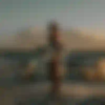 A person in a wetsuit stands on a beach holding a kiteboard, with kites and distant mountains in the background during sunset.