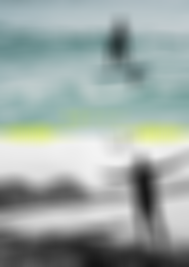 Surfer on hydrofoil board above ocean waves; below, a kitesurfer in wetsuit stands arms wide open on a Nordic beach.