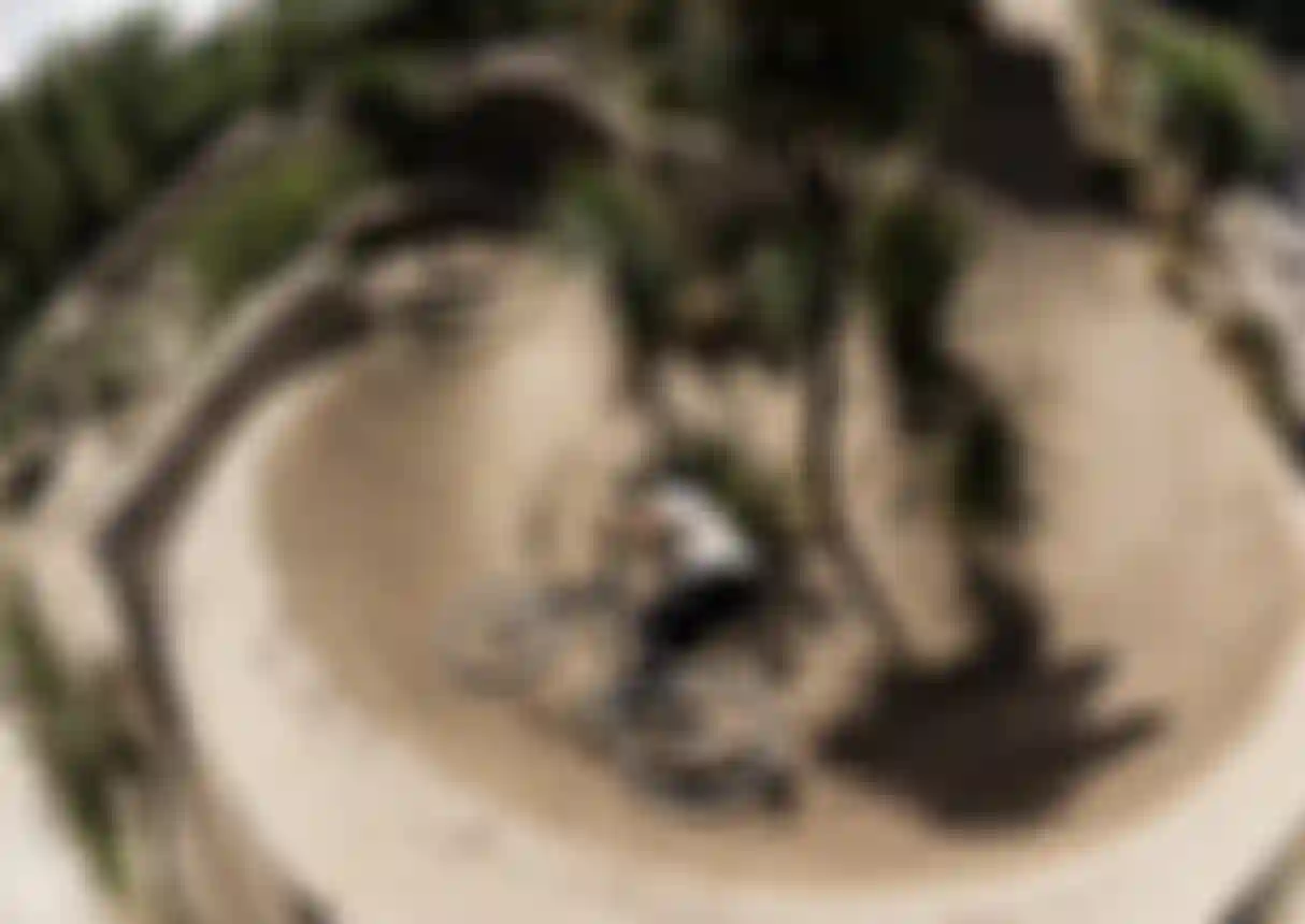 Rider carving a deep dirt bowl at an outdoor bike park, surrounded by palm trees and sculpted dirt jumps, shot from above.