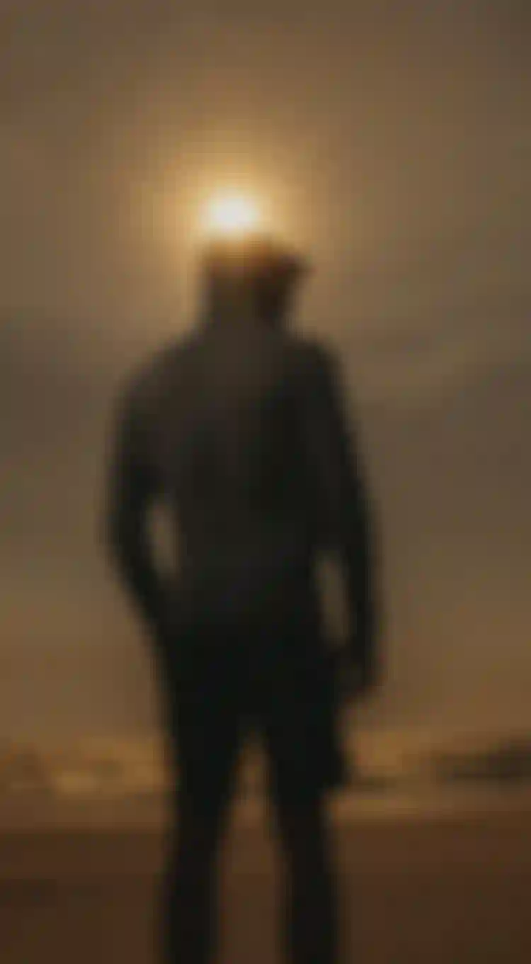 Silhouette of a person against the sun with ocean in the background