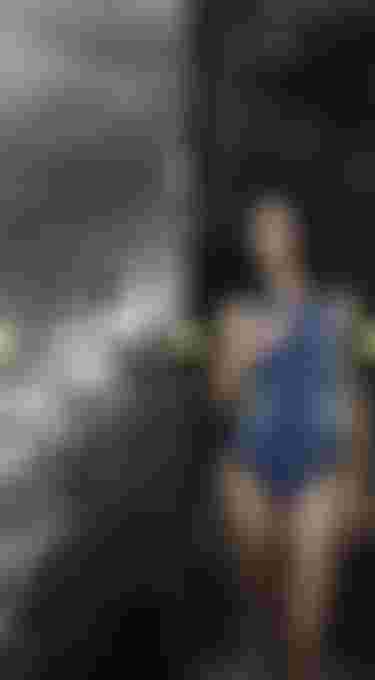 Two split image of a longboarder surfing on a wave and a woman wearing a blue neoprene swimsuit