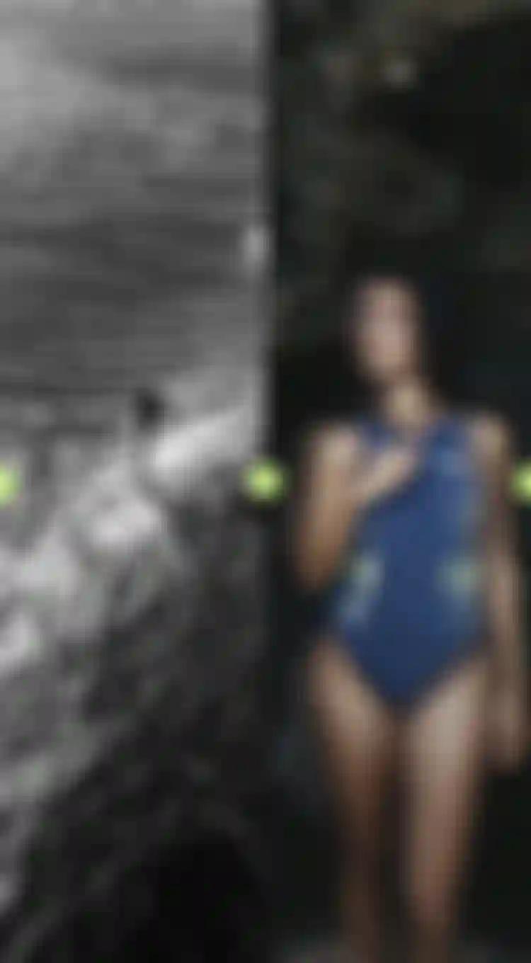 Two split image of a longboarder surfing on a wave and a woman wearing a blue neoprene swimsuit
