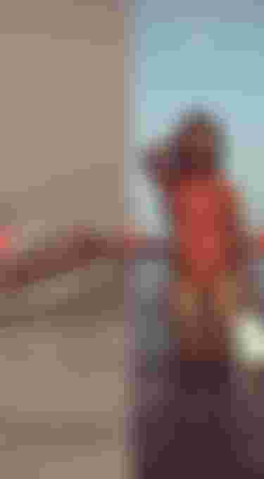 Two split image of a person jumping off a fisherboat and a woman wearing a red shorty with flippers in her hand