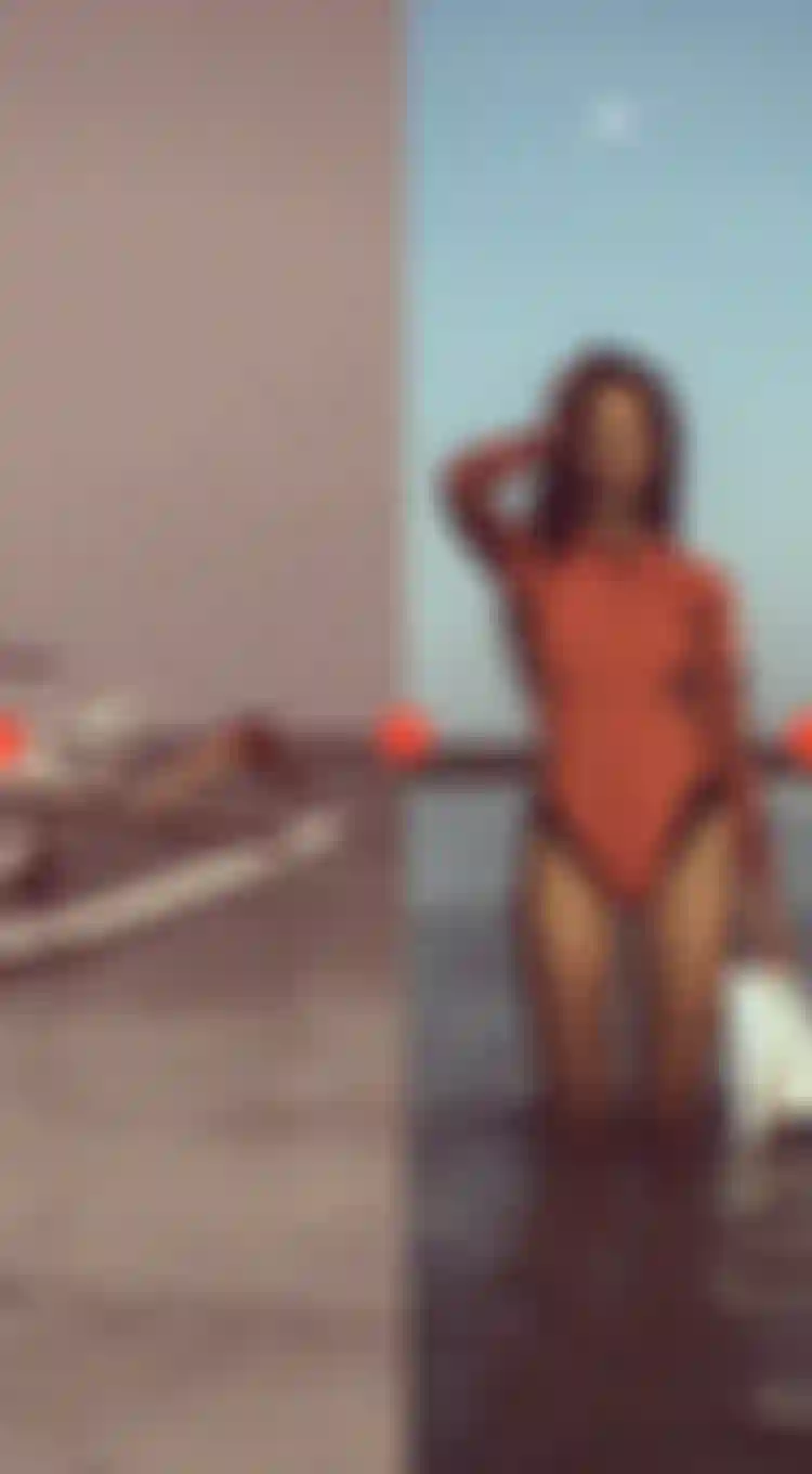 Two split image of a person jumping off a fisherboat and a woman wearing a red shorty with flippers in her hand