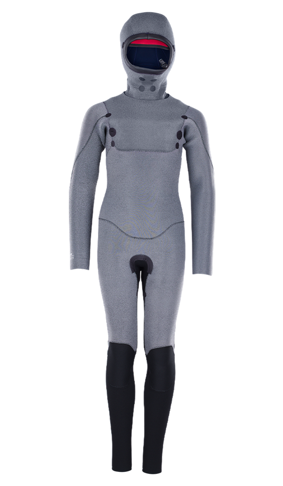 A full-body protective wetsuit with a hood, gray upper section, and black lower legs, featuring buttons and a visible interior lining in red.