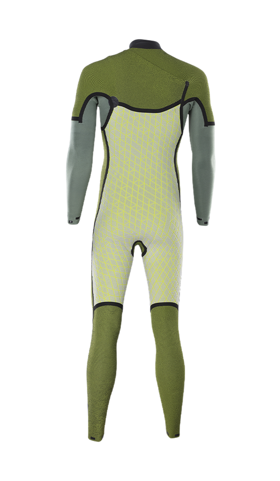 Green and gray wetsuit with a grid pattern, shown from the back, featuring black trim along the shoulders, arms, and legs.