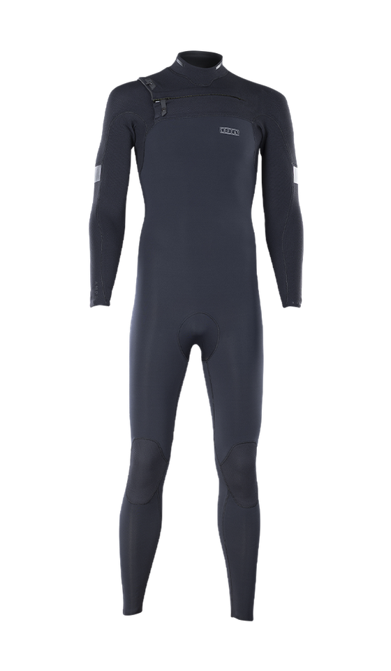 A sleek, black full-body wetsuit with long sleeves and a front chest zipper, designed for water sports.