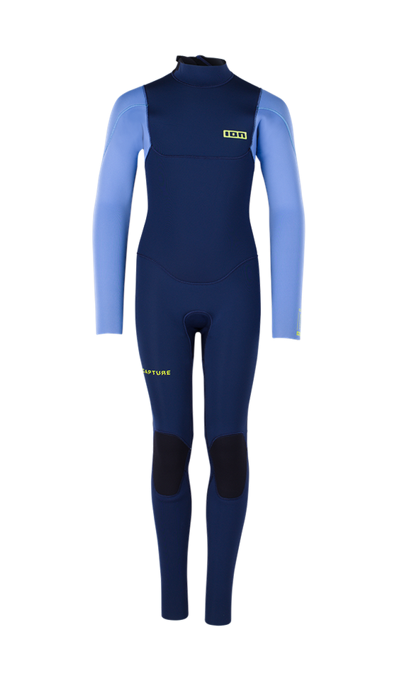 Blue and light blue full-body wetsuit with black knee pads and a yellow logo on the chest and thigh, displayed against a white background.