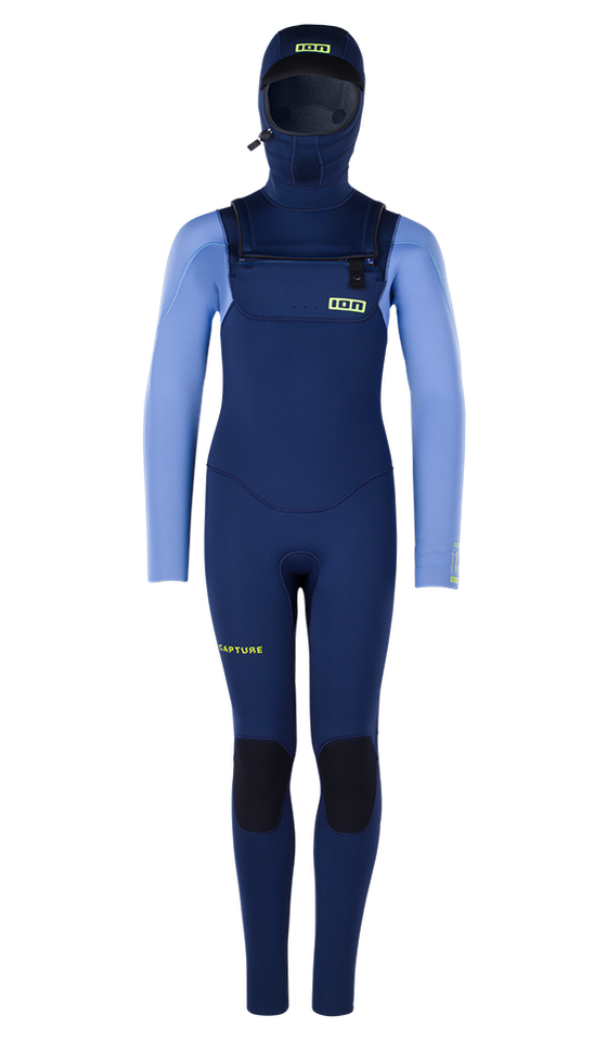 Blue and light blue wetsuit with attached hood and reinforced knee areas, designed for warmth and flexibility in water activities.
