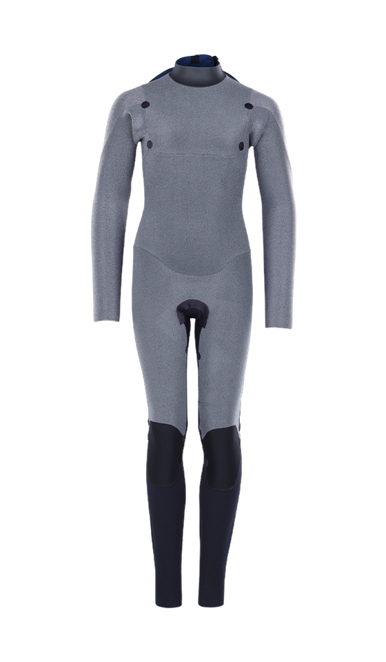 Gray and black full-body wetsuit with long sleeves and reinforced knee pads, displayed on a white background.