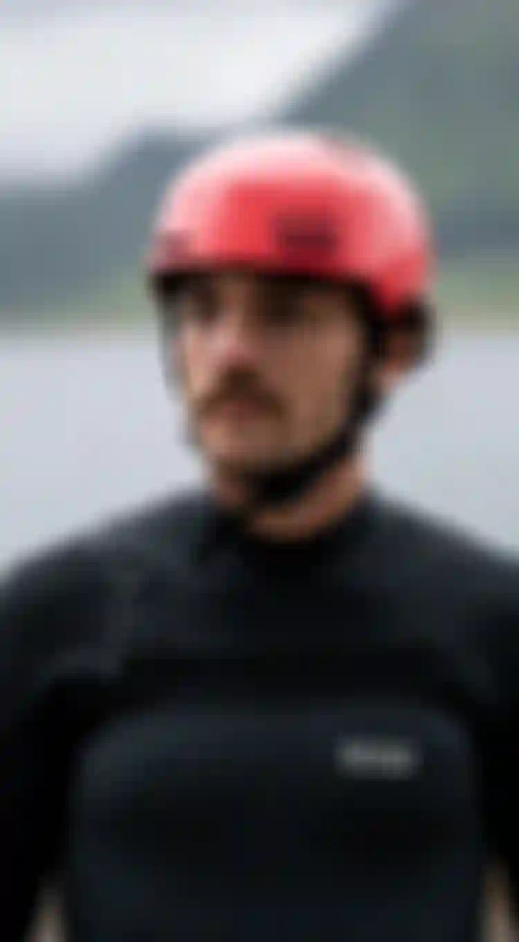close up of a man in a black wetsuit wearing a red half shell helmet