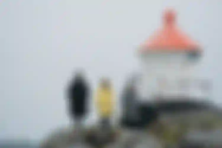 Three people wearing a black, grey and yellow coat standing in front of a lighthouse