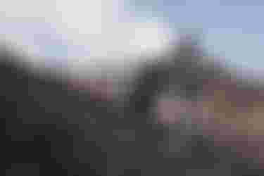 Cyclist in helmet rides a mountain bike down a steep, rocky slope, kicking up debris against a backdrop of hills and cloudy sky.