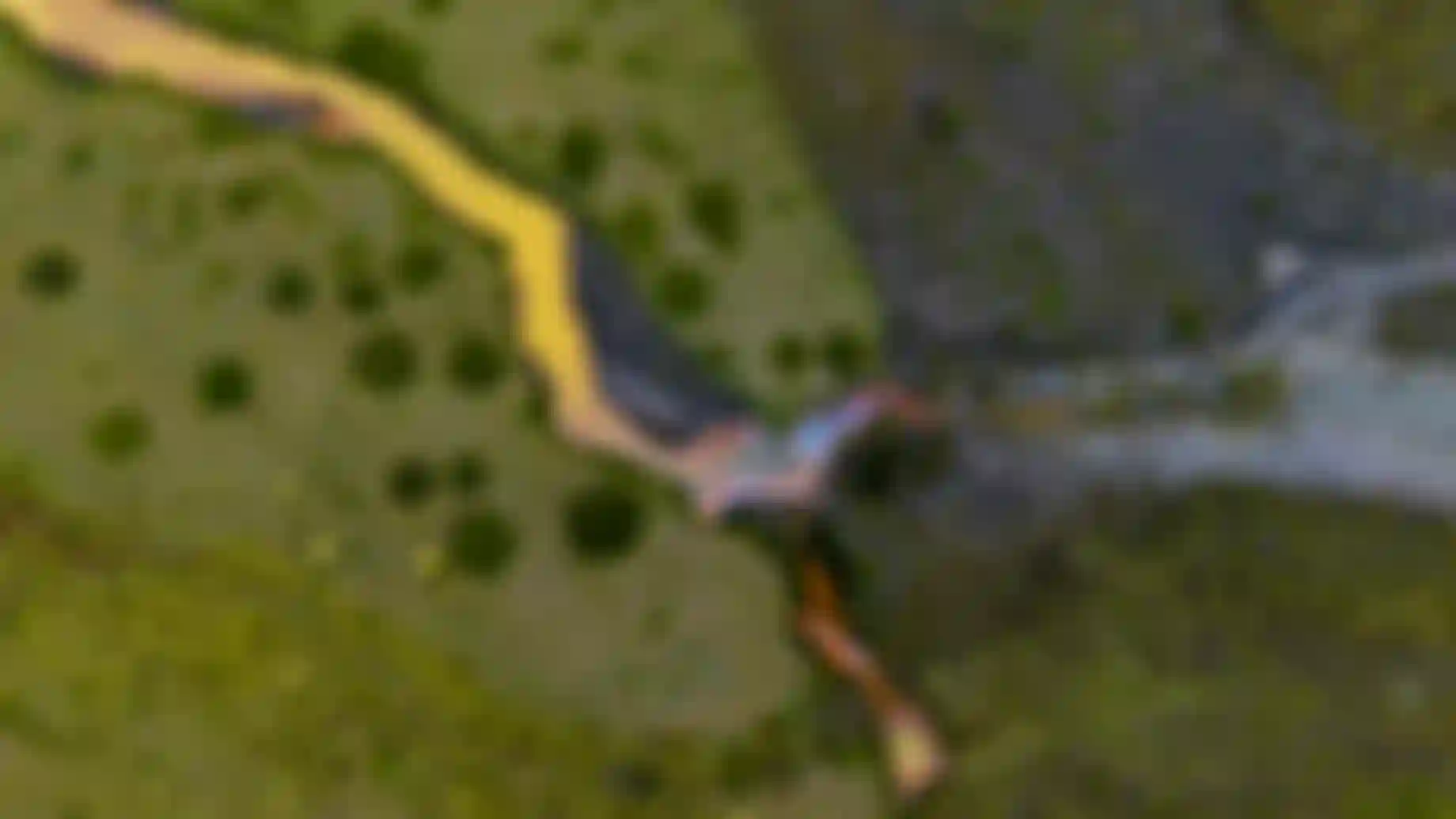 Bird eye view of a green field and orange river in Iceland