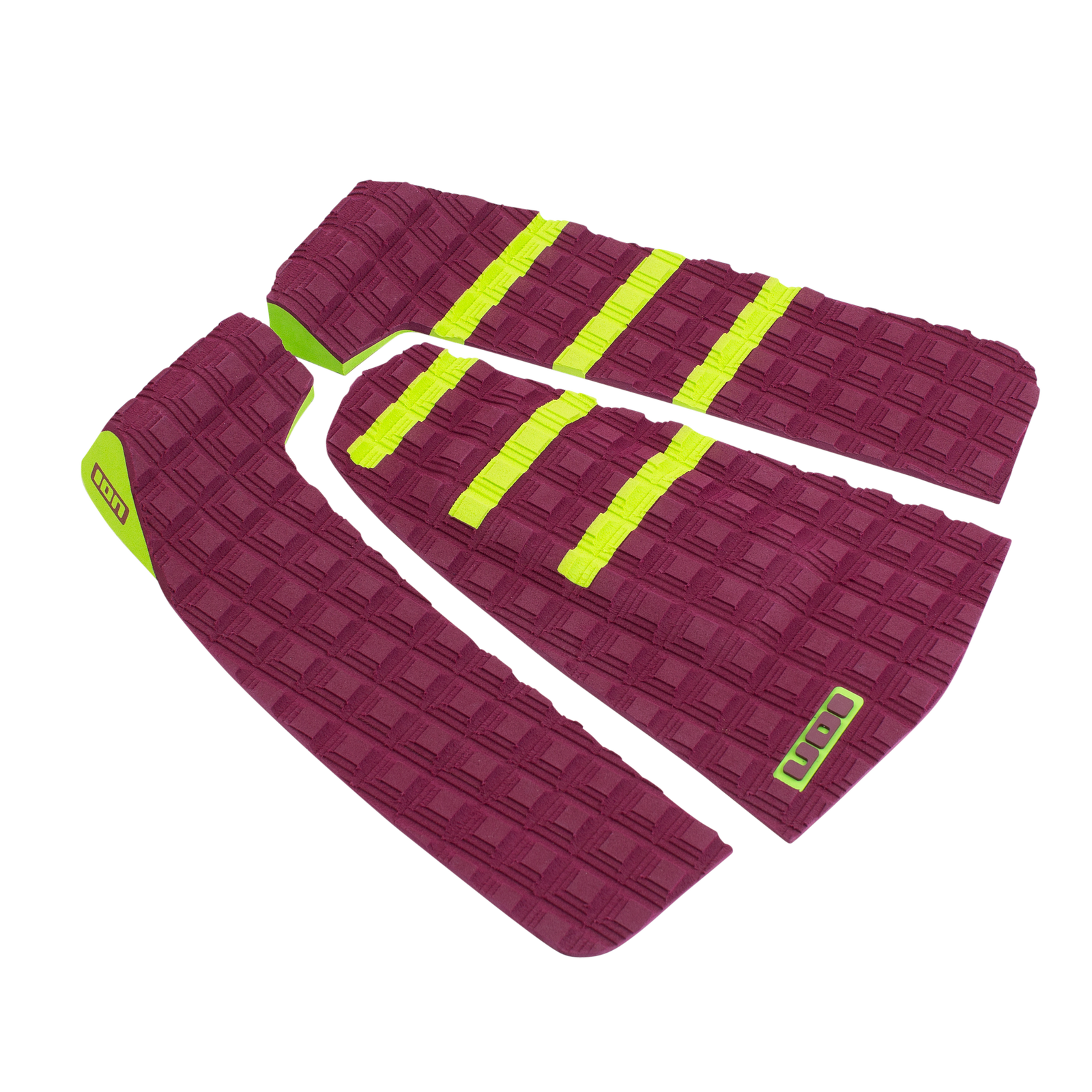 ION Surf Pads Stripe set de 3 pads de traction pour surf en bordeaux profond et vert citron