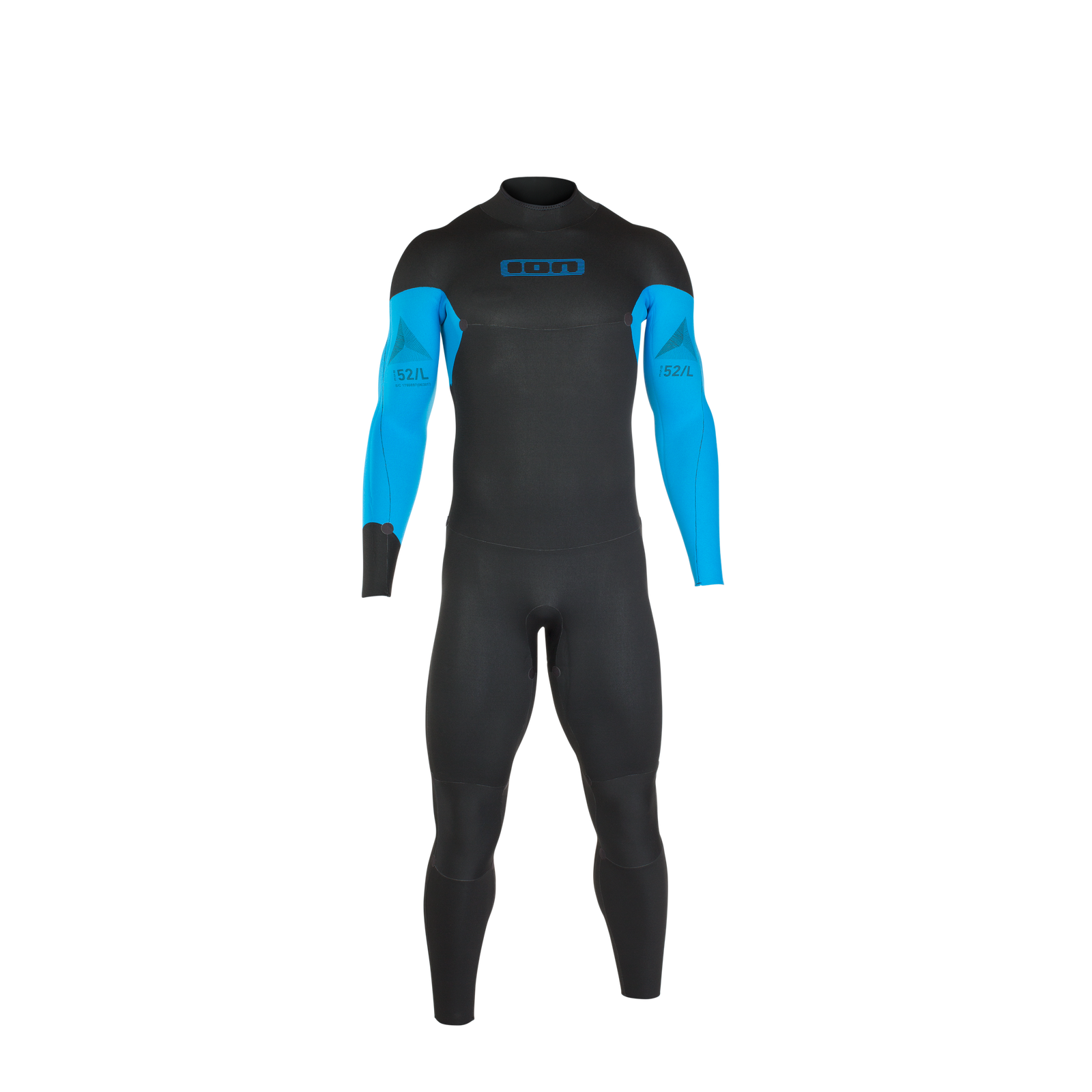 ION Base 4/3 mm Backzip Neoprenanzug in schwarz und cyan, Größe 52/L, Vorderansicht