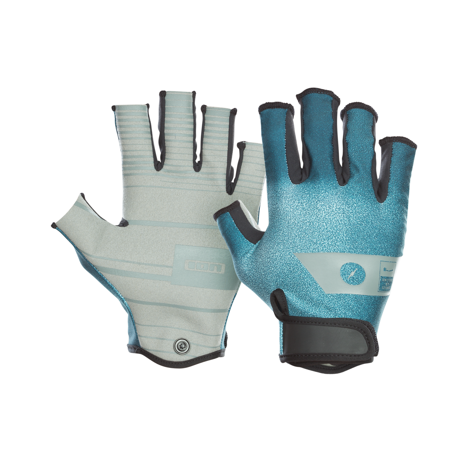 ION Amara Half Finger water sports gloves in teal and grey with velcro wrist closure