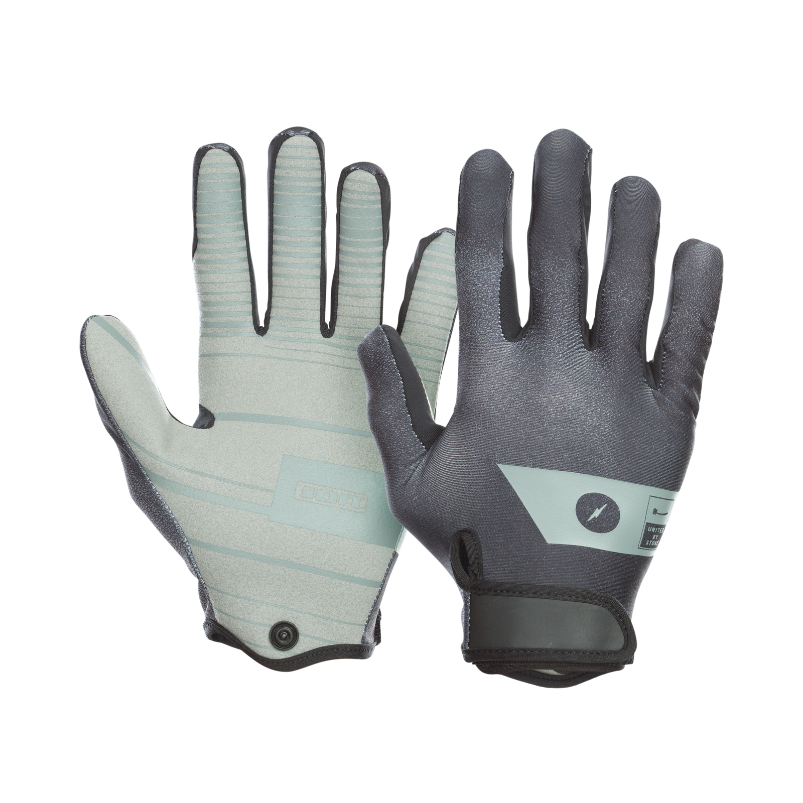 Gants nautiques doigts complets ION Amara en noir et vert sauge, vue paume et dos