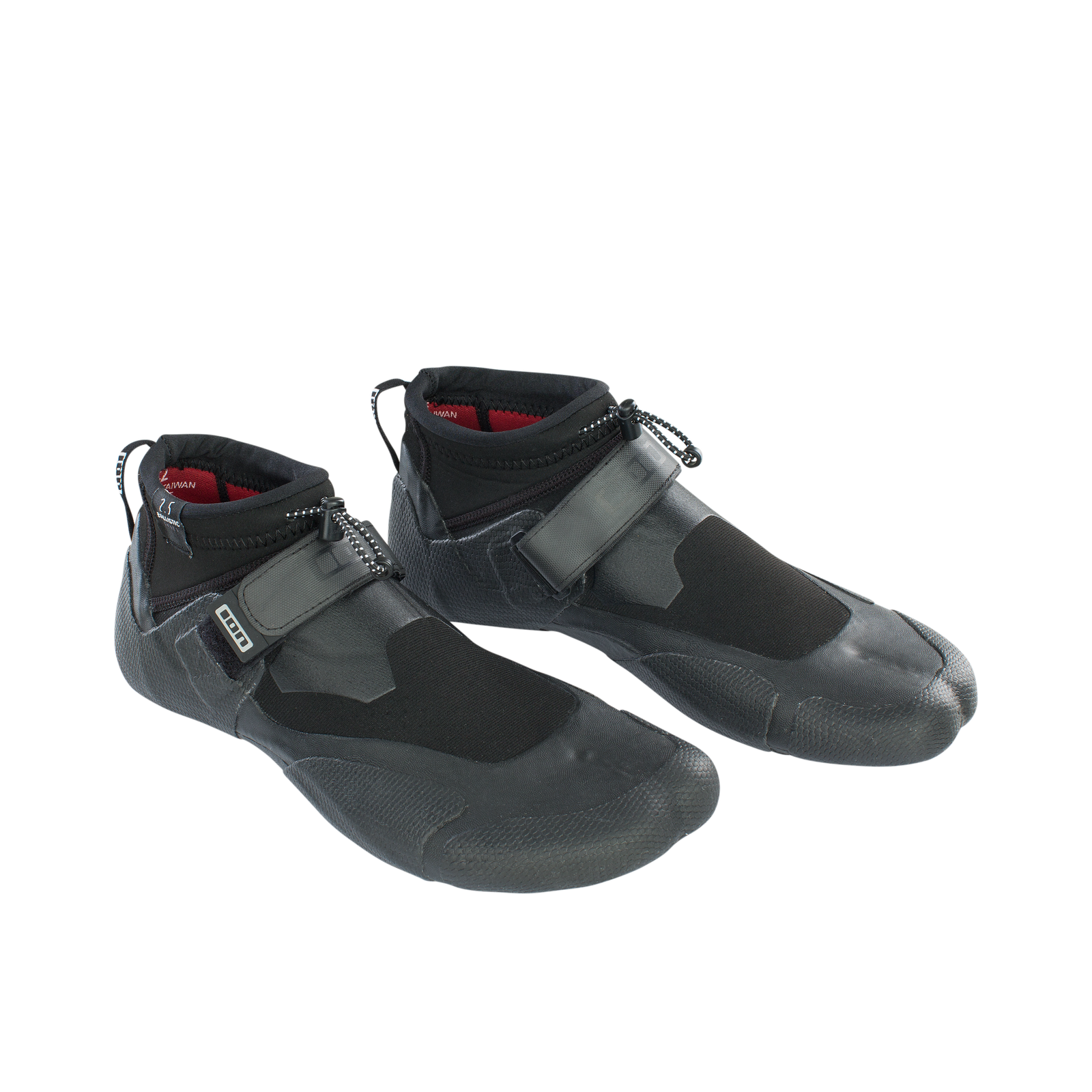 ION Ballistic 2.5 Internal Split neoprene boots in black with velcro strap and red collar lining