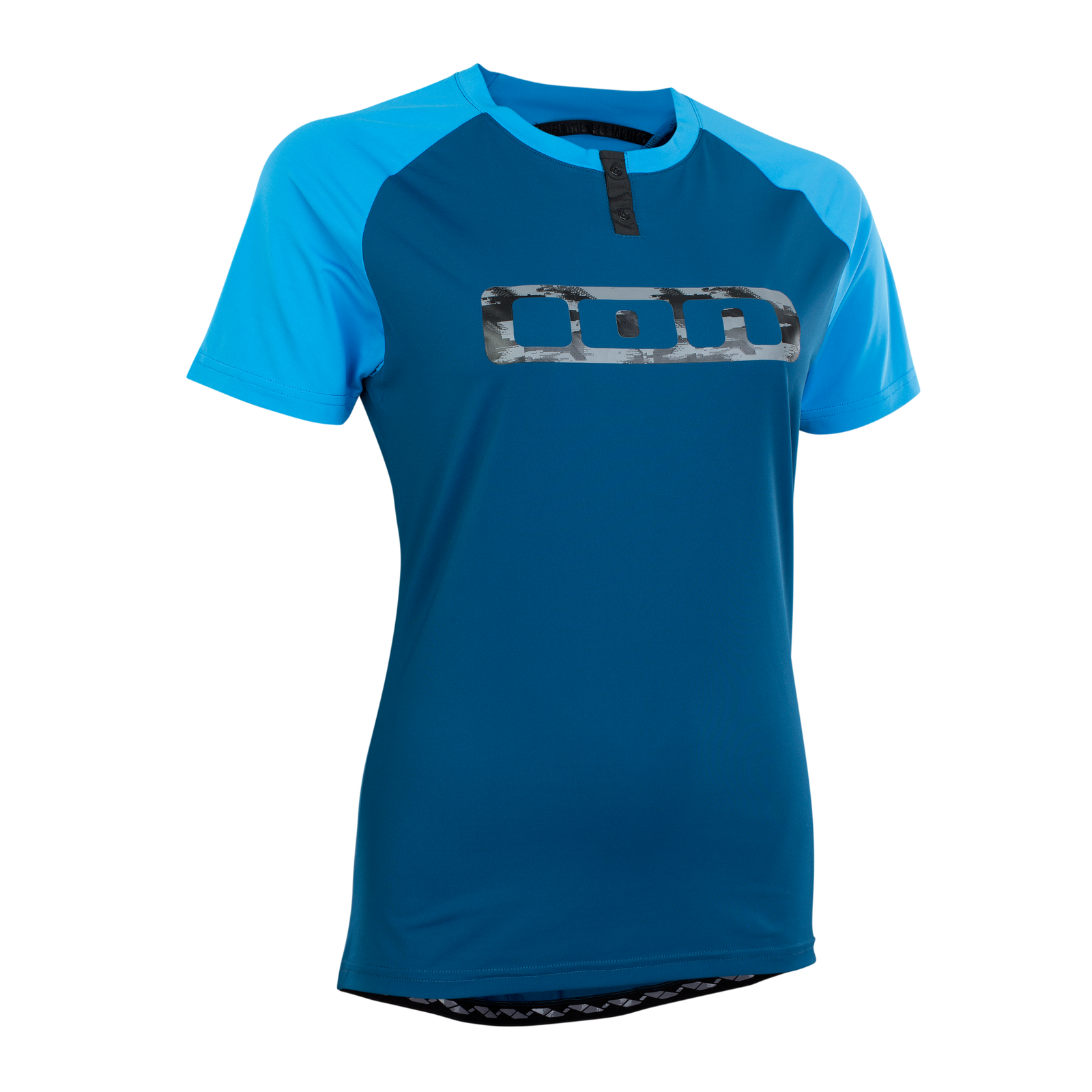 ION Traze Button Tee SS women's cycling jersey in ocean blue and sky blue for mountain biking