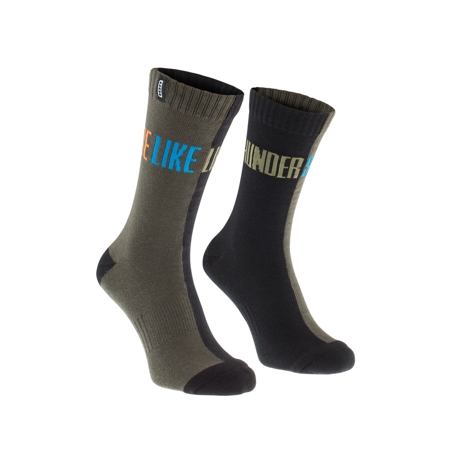 ION Scrub mid-cut cycling socks size 39-42 in olive and black with multicolour graphic