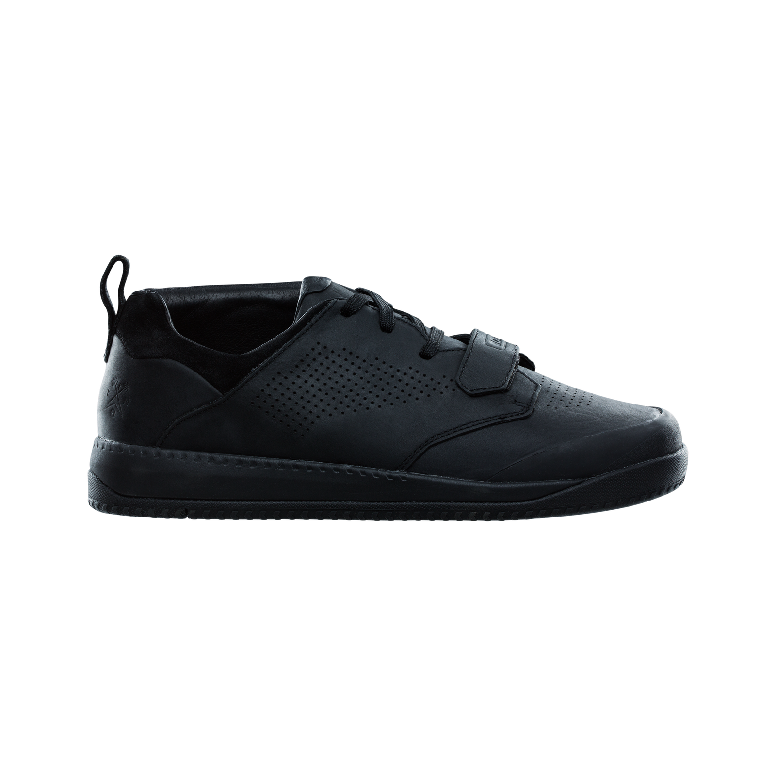 ION Bike Scrub Select flat pedal bike shoes in black – side view with velcro strap and leather upper