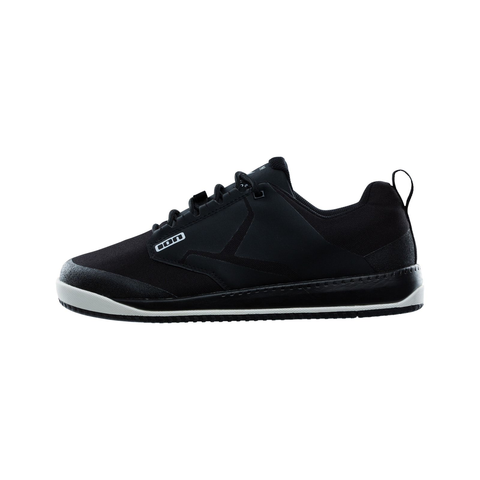 ION Scrub flat pedal bike shoe in black with off-white midsole, side view