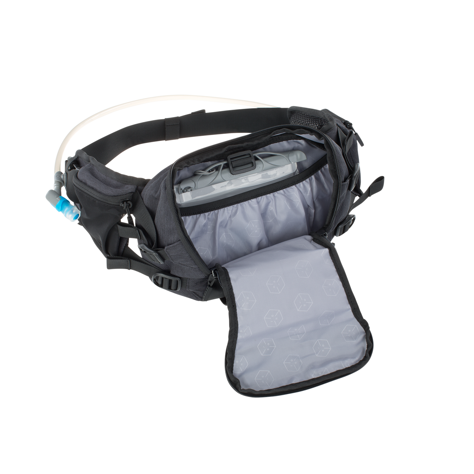 Marsupio ION Bike Hipbag Plus Traze 3 taglia unica in nero con sacca idratazione 2L, aperto
