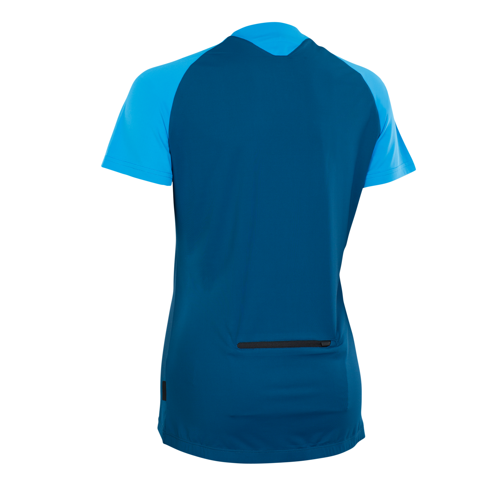 ION Bike Traze WMS short-sleeve cycling jersey for mountain biking in navy and cyan, back view with zip pocket