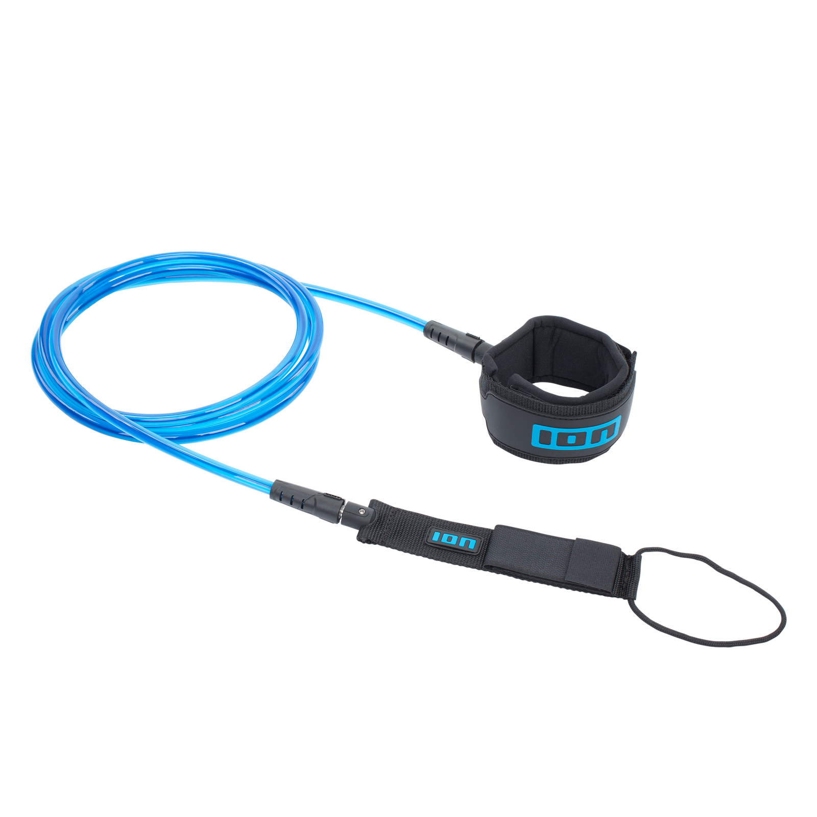 ION Core SUP ankle leash in blue and black with neoprene cuff and stainless steel swivels