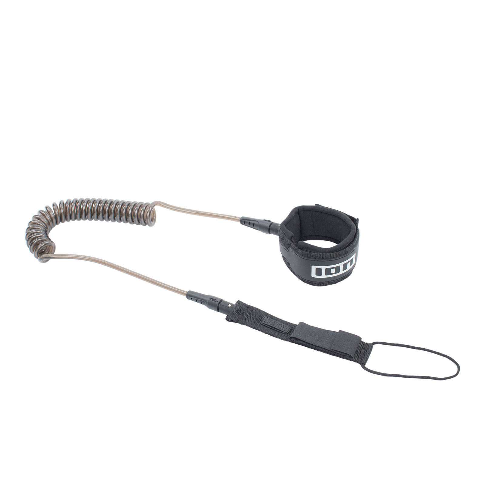 ION Core coiled SUP ankle leash in black and grey with padded neoprene cuff