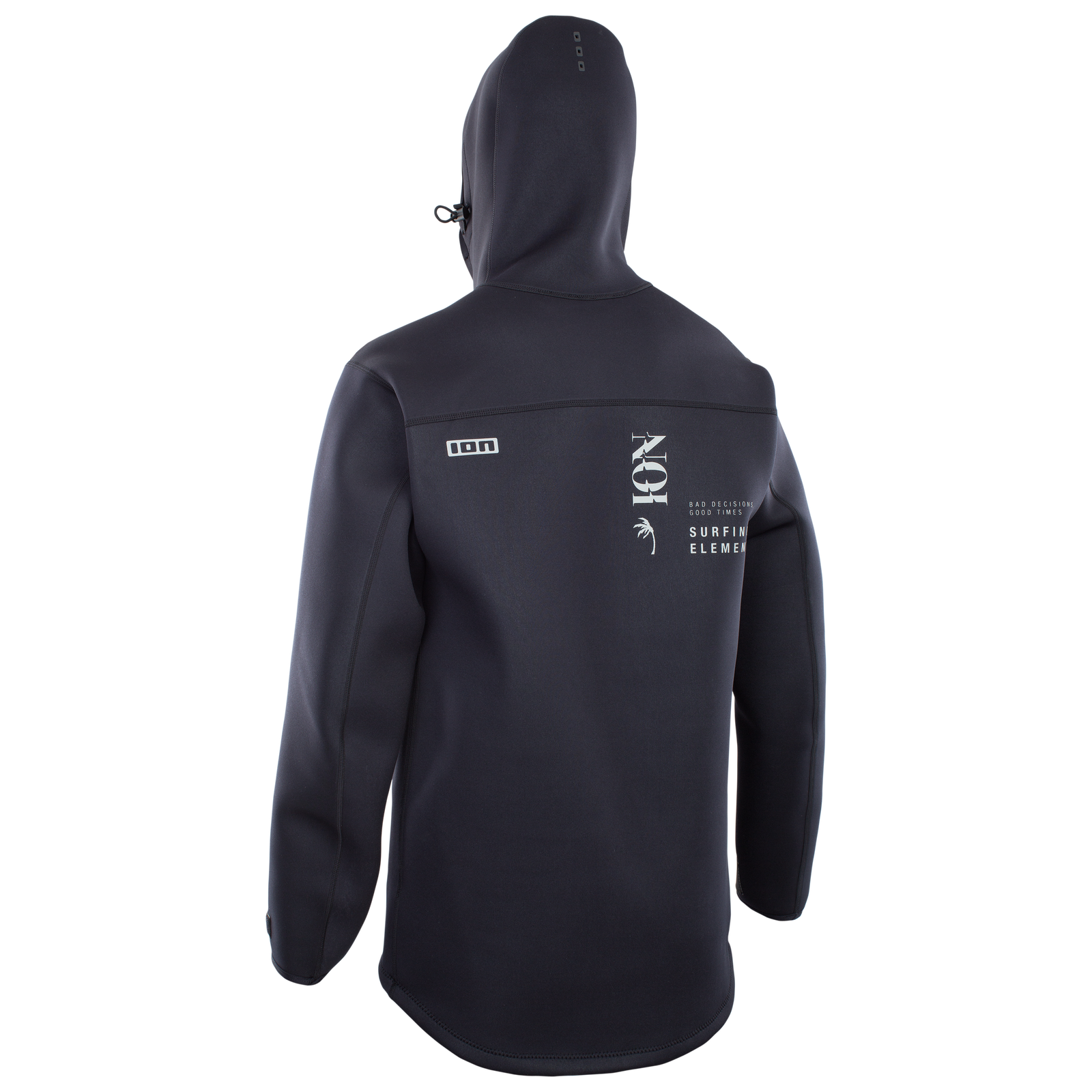 Veste en néoprène ION Neo Shelter Jacket Core en noir avec capuche, vue de dos