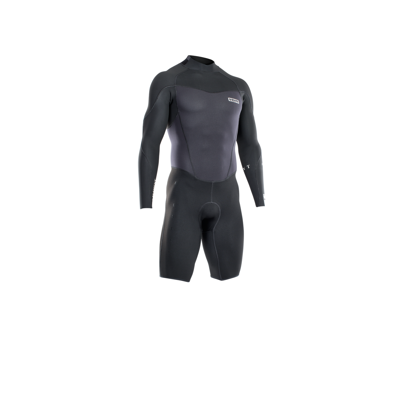 ION Element 2/2mm long sleeve back-zip shorty wetsuit in black and dark charcoal